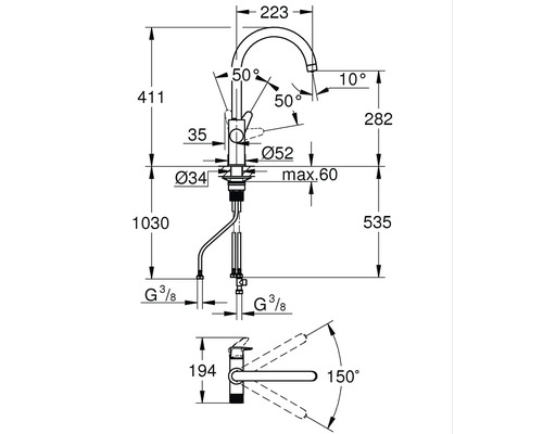 Technický nákres kuchyňské baterie s rozměry