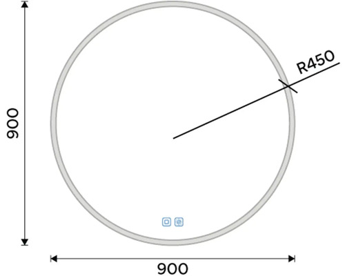 Technický nákres kulatého zrcadla o rozměrech 900 x 900 mm a poloměru 450 mm.