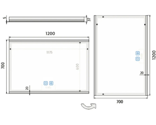 Technický výkres zrcadla s osvětlením o rozměrech 1200 x 700 mm.