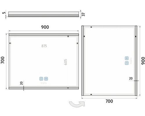 Technický nákres zrcadla o rozměrech 900 x 700 mm