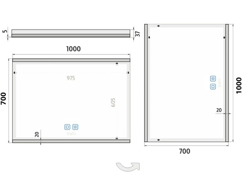 Technický nákres zrcadla o rozměrech 1000 x 700 mm