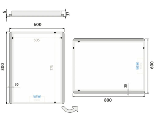 Technický nákres zrcadla o rozměrech 800 x 600 mm