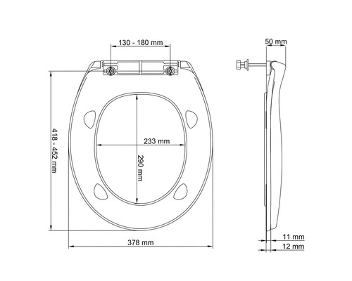 Technický nákres záchodového prkénka s rozměry