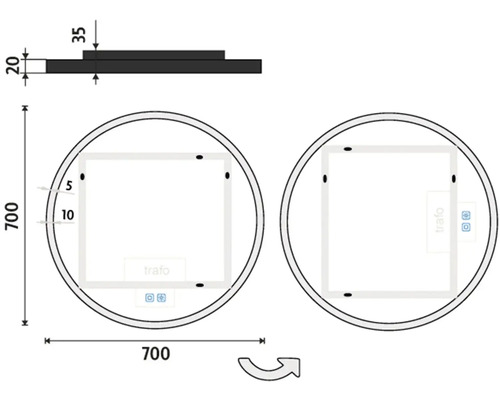 Technický nákres kulatého zrcadla o rozměrech 700 x 700 milimetrů.