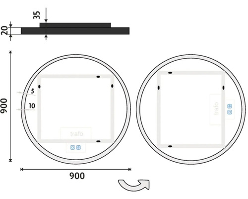 Technický nákres kulatého zrcadla o rozměrech 900 x 900 milimetrů a tloušťce 20 milimetrů.