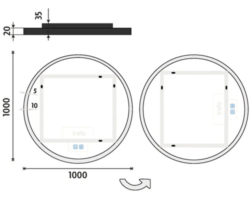 Technický výkres kulatého LED zrcadla o rozměrech 1000 x 1000 mm