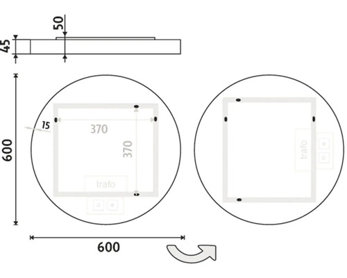 Technický výkres kulatého zrcadla o rozměrech 600 x 600 milimetrů, tloušťce 45 milimetrů a čtvercovým výřezem 370 x 370 milimetrů.