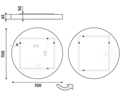 Technický výkres kulatého zrcadla o rozměrech 700 x 700 milimetrů, hloubce 45 milimetrů a šířce rámu 15 milimetrů.