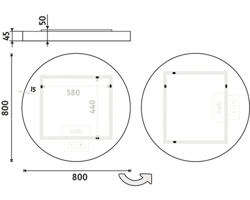 Technický výkres kulatého zrcadla s rozměry