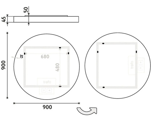 Technický výkres kulatého zrcadla s obdélníkovou zrcadlovou plochou a rozměry