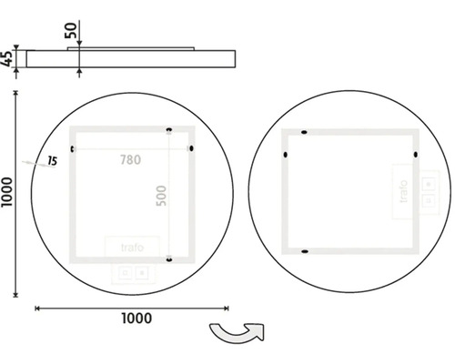 Technický výkres kulatého zrcadla s rozměry