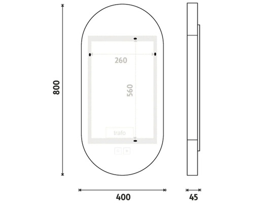 Technický výkres zrcadla o rozměrech 800 x 400 x 45 milimetrů