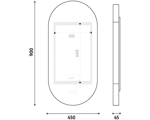 Technický nákres zrcadla o rozměrech 900 x 450 x 45 milimetrů.