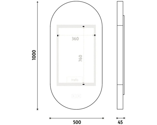 Technický nákres zrcadla s osvětlením a rozměry