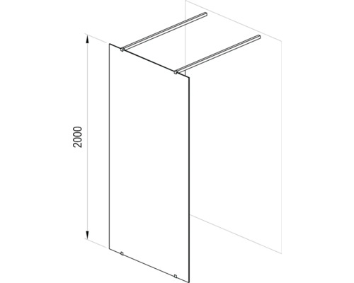 Schematické znázornění sprchové stěny o výšce 2000 mm.