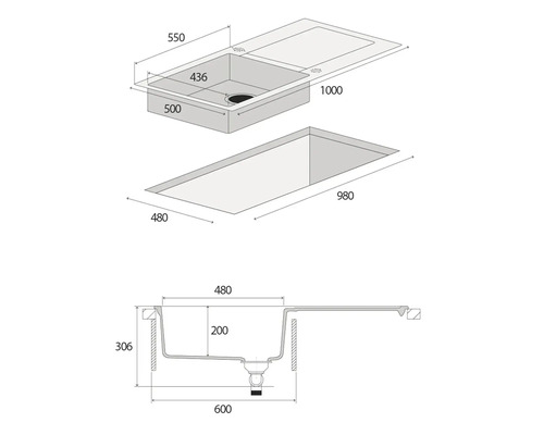 Nákres kuchyňského dřezu s rozměry