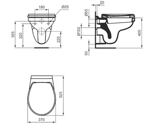 Technický nákres závěsné toalety s rozměry