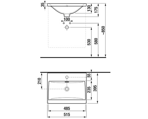 Technický nákres umyvadla s rozměry
