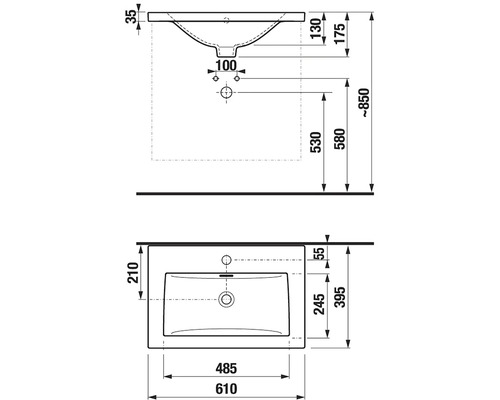 Technický nákres umyvadla s rozměry