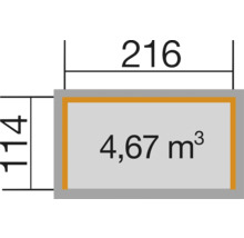 Schéma s rozměry: 216 krát 114 a 4,67 metrů krychlových
