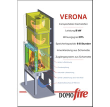 Náčrt přenosných kachlových kamen Verona s technickými detaily a logem Domofire