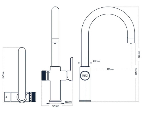 Technický nákres kuchyňské baterie s rozměry