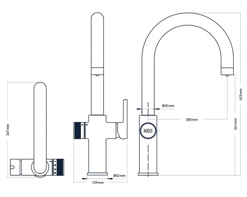 Technický výkres kuchyňské baterie s rozměry.