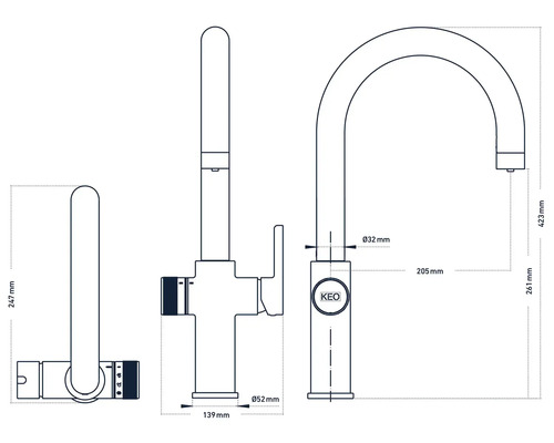 Technický nákres kuchyňské baterie s rozměry