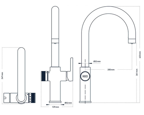 Technický nákres kuchyňské baterie s rozměry.