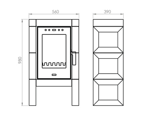Technický výkres kamen s rozměry 560 x 390 x 980 milimetrů