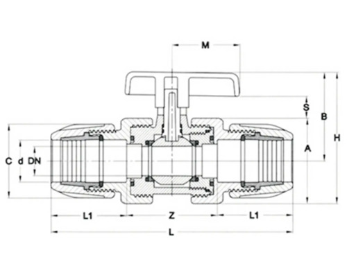Technický výkres kulového kohoutu s rozměry