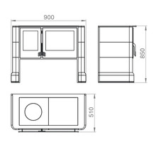 Technický výkres krbových kamen s rozměry: šířka 900 mm, výška 850 mm a hloubka 510 mm.