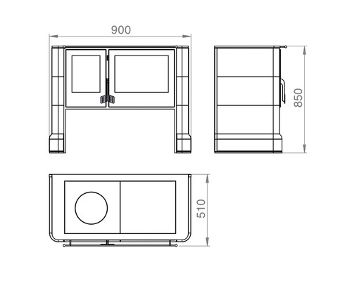 Technický výkres krbových kamen s rozměry: šířka 900 mm, výška 850 mm a hloubka 510 mm.