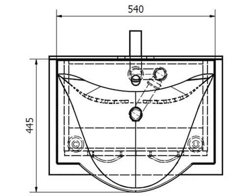 Technický nákres skříňky pod umyvadlo o rozměrech 540 x 445 milimetrů.