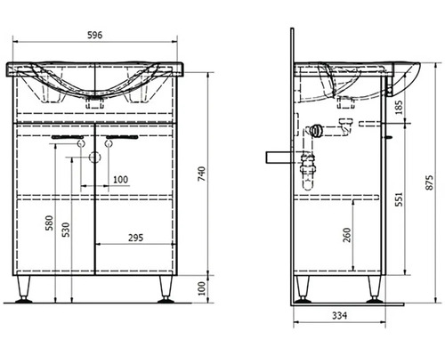 Nákres skříňky pod umyvadlo s rozměry