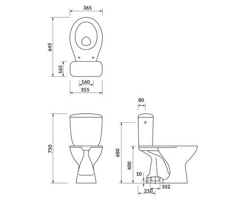Technický nákres stojícího WC s rozměry.