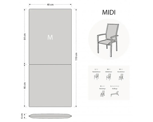 Rozměry podsedáku Midi pro zahradní židle: 110 x 48 centimetrů