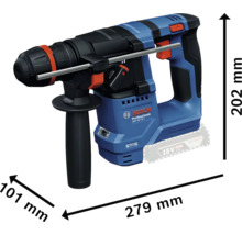 Vrtací kladivo Bosch Professional o rozměrech 279 mm délka, 101 mm šířka a 202 mm výška.
