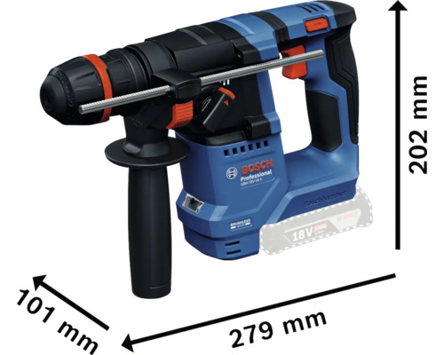 Vrtací kladivo Bosch Professional o rozměrech 279 mm délka, 101 mm šířka a 202 mm výška.
