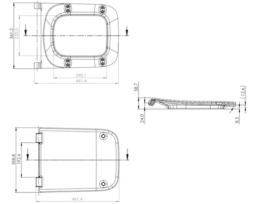 Technický výkres záchodového prkénka s rozměry