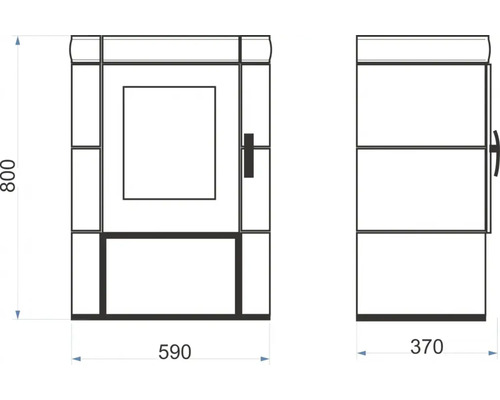 Technický nákres koupelnové skříňky o rozměrech 800 x 590 x 370 mm