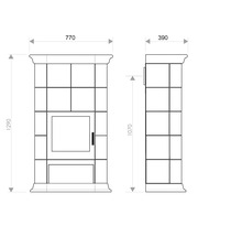 Technický nákres krbových kamen o rozměrech 770 x 390 x 1290 mm