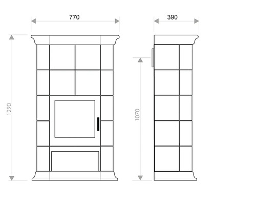 Technický nákres krbových kamen o rozměrech 770 x 390 x 1290 mm