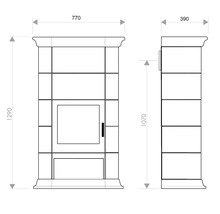 Technický nákres kamen s rozměry: šířka 770 mm, výška 1290 mm a hloubka 390 mm.