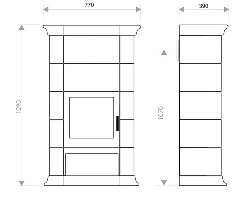 Technický nákres kamen s rozměry: šířka 770 mm, výška 1290 mm a hloubka 390 mm.