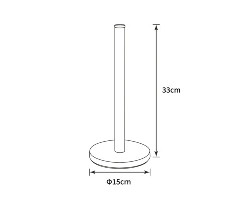 Technický nákres držáku toaletního papíru o rozměrech 33 cm na výšku a 15 cm v průměru