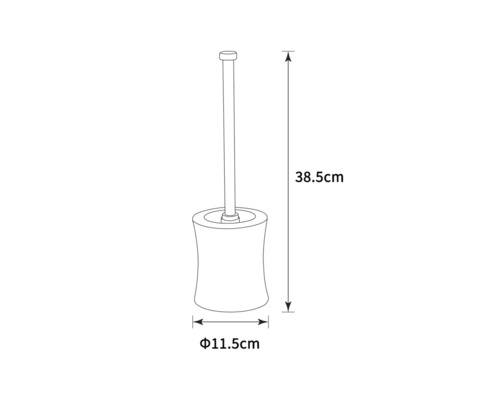 Toaletní kartáč s držákem a rozměry: výška 38,5 cm, průměr 11,5 cm.