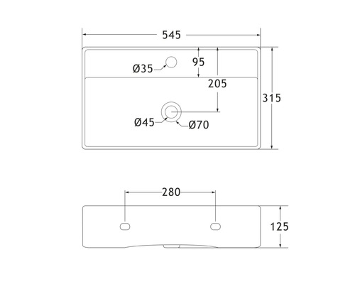 Technický výkres umyvadla s rozměry