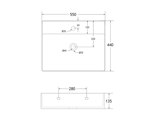 Výkres umyvadla s rozměry