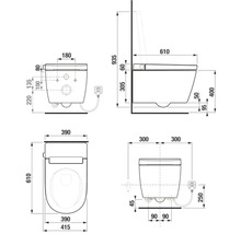 Technický výkres závěsného WC s bidetovou funkcí a souvisejícími rozměry.